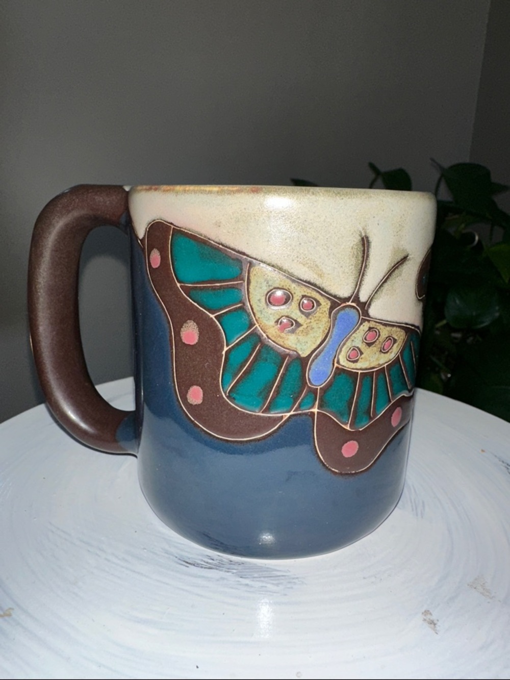 Handpainted Mara Stoneware Butterfly Mug in Blue, Brown & Cream NWOT